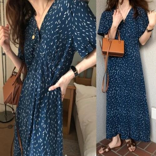 2021 New Women Summer Vintage V Neck Long Dress Chiffon High Waist Print Pullover Maxi Dresses A-line Vestido Feminino 15340