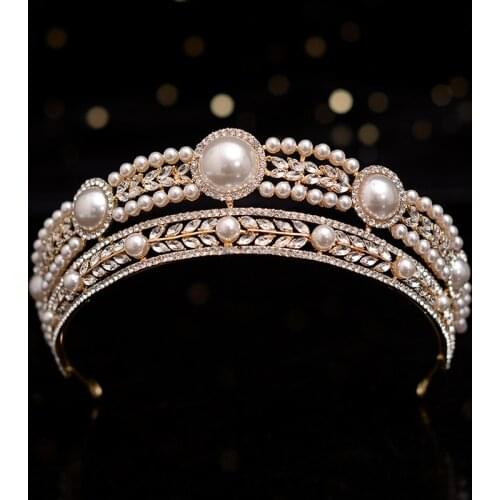 Baroque Retro gold Bridal Crown Rhinestone Pearl Tiara Performance and Catwalk Headpieces Bridal wedding hair accessories
