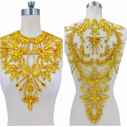 Handmade golden yellow rhinestones applique on mesh sew on crystals trim patches 34*41cm*52*32cm for dress accessories
