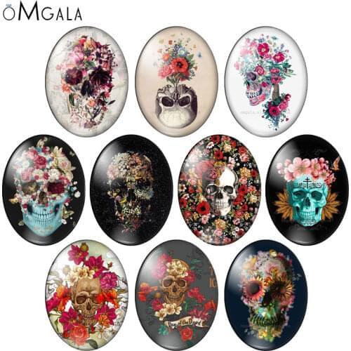 Punk Rose Flower Skull Paintings 10pcs 13x18mm/18x25mm/30x40mm Oval photo glass cabochon demo flat back Making findings