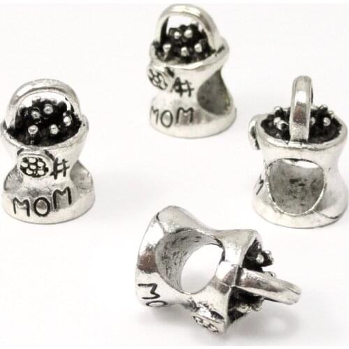 30pcs-Antique Silver Mom Beads Perfect for European Style Bracelets, Flower Baskets Bead 14x10mm