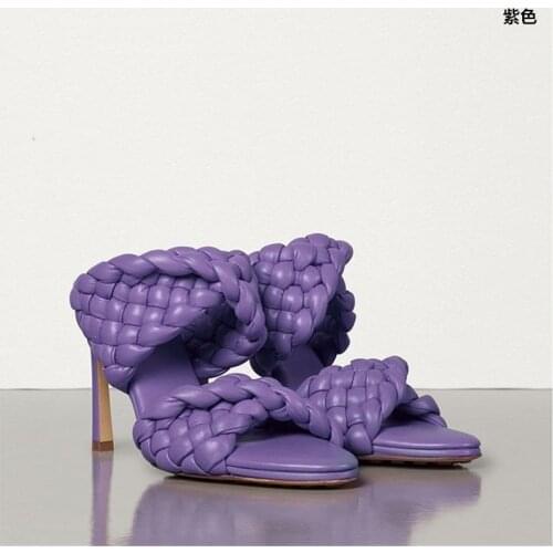 Kmeioo Luxury brand Vintage pointed Peep Toe Solid weave Gingham High Heel Slippers Summer Fashion Slip On Thin Heels sandal 9cm