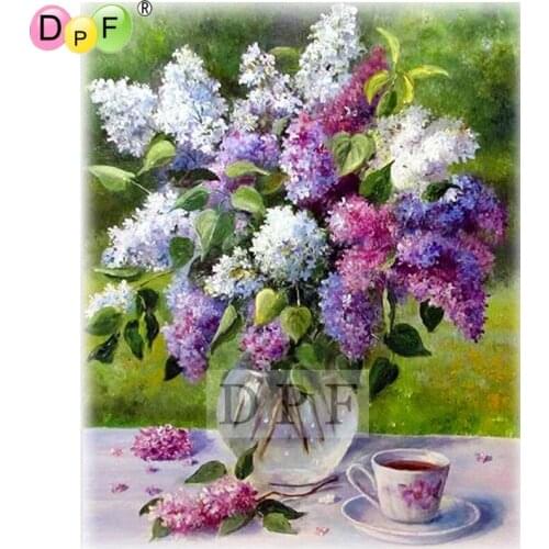 DPF DIY diamond painting Purple flowers and tea diamond embroidery mosaic kit full square Rhinestone crafts home wall painting