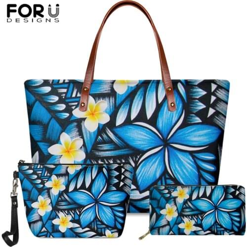 FORUDESIGNS Vintage Ladies Brand Design 2set Handbag Tranditional Polynesian Tribal Hibiscus Fashion Female Luxury Long Wallet