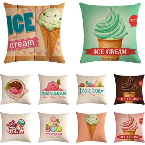 Ice Cream Print Cushion Cover Linen Colorful Pattern Home Decor Decorative Pillowcase for Sofa Couch Bedroom Summer Fresh Style