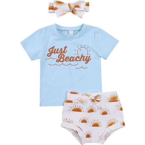 Citgeett Summer Newborn Baby Girls 3Pcs Outfits Short Sleeve Romper Sun/Rainbow Bodysuit Shorts Headband Set 0-18M