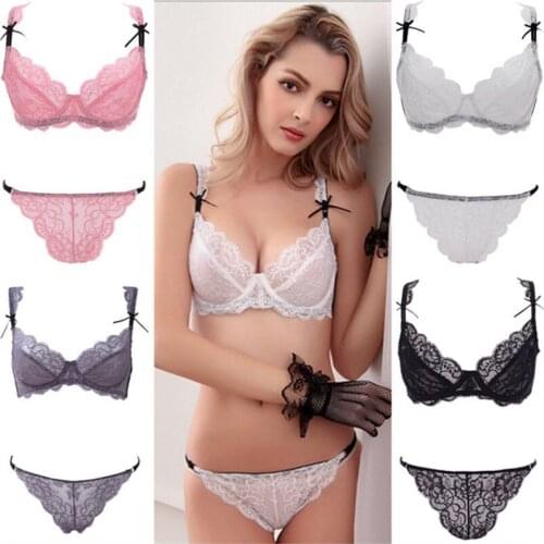 Womens Ultra-Thin Bra + Panties Set Plus Size 32 34 36 38 40 42ABCD Lace Bra Set Female See Through Intimates Lingerie Underwear