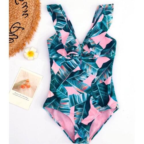 Tropical Leaf Girl Swimsuit Ruffle One Piece Swimwear Bandage Teenage Girls Bathing Suit Monokini 7-16 Years Children Beachwear