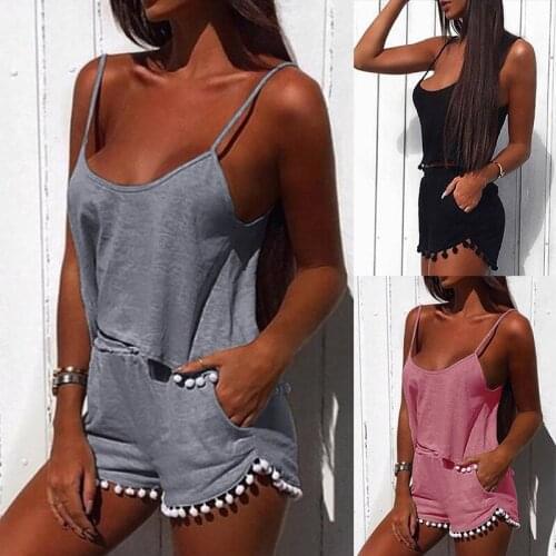 Summer Womens Sexy Vest Short Solid Color Casual 2-piece Suit Polyester Casual Loose Suspender Shorts Plus Size Home Service