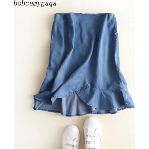 Summer ruffled soft denim short skirt solid skater jeans skirts asymmetry a-line sexy vintage casual blue colour cotton skirt