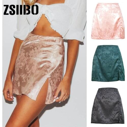 Summer 2020 women Split skirt sexy jacquard satin high waist zip skirt women party black skirt ladies sexy short beach skirts