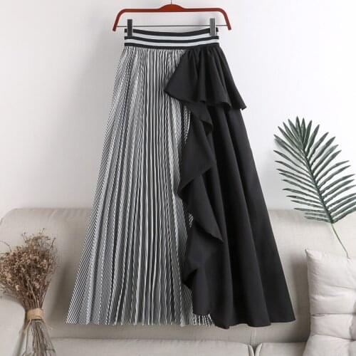 Autumn Winter Elastic Waist Mid-Length Skirt Stripe Patchwork Irregular Ruffle Loose Casual Skirt For Women