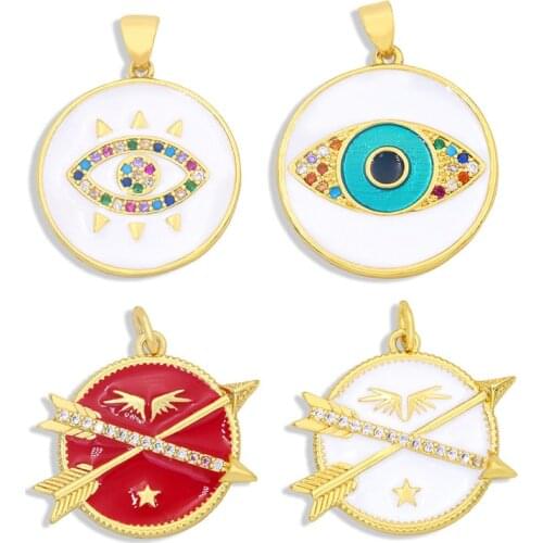 OCESRIO Brass CZ White Evil Eye Charms for Jewelry Making Large Disc Enamel Charms for Necklace DIY Turkish Jewelry pdta344