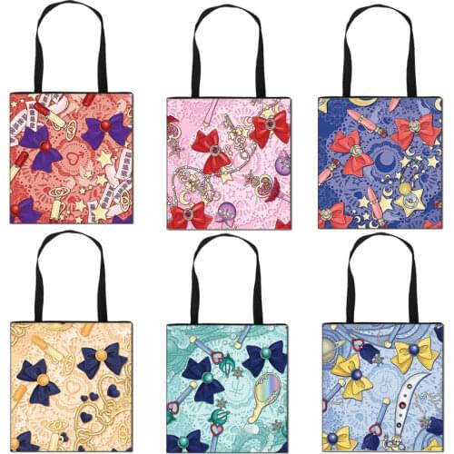 Lovely Bowknot Totes Bag Women Magic Stick Handbag Monet Girls Bowknot Canvas Shoulder Bag For Travel Shopping Bags Storage Bag