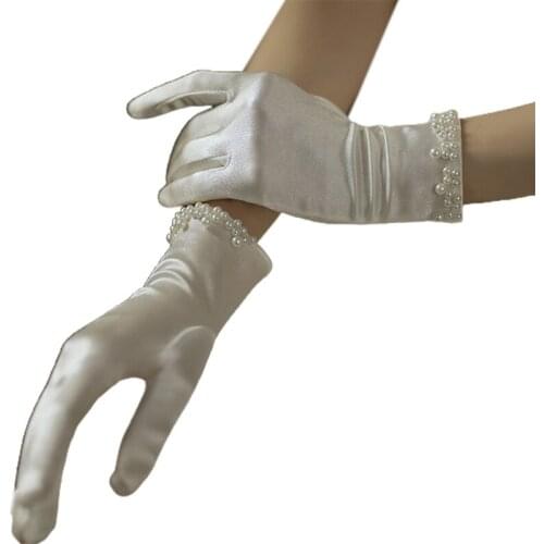 Wedding Bridal Satin Short Gloves Pearl Beaded Prom Mittens