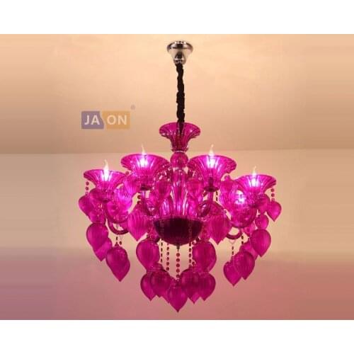 Led e14 European Iron Glass Red Purple Blue Chandelier Lighting Lamparas De Techo Suspension Luminaire Lampen For Foyer Bedroom