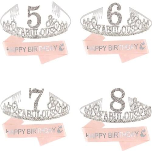 Fabulous Crown Tiara and Pink Sash 5th 6th 7th 8th Birthday Party Decoration Supplies for Baby Girls Hair Accessories Favor Gift