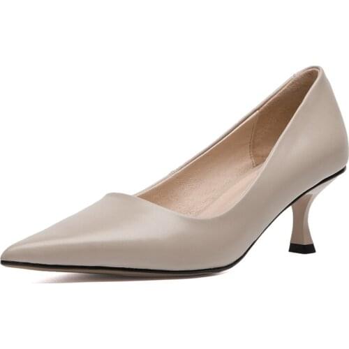 New Spring Women Pumps Sexy Ladies Genuine Leather Pointed Toe Party Shoes Woman Black Beige Apricot High Thin Heeled Heels M015