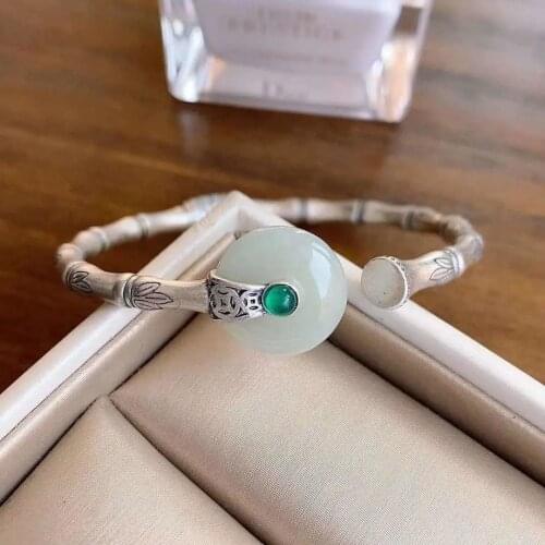 Natural Hetian white jade bamboo bracelet Chinese style retro unique designer craft charm womens brand silver jewelry
