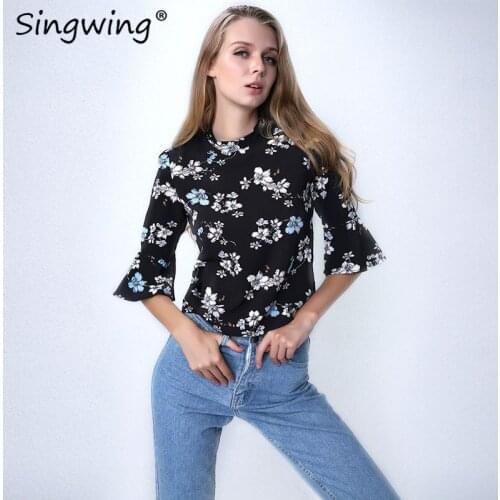 Singwing Printed Floral Chiffon Ruffles blouse Three Quarter Sleeve o-NECK Blouses Casual Flare Sleeve Female Shirts Tops