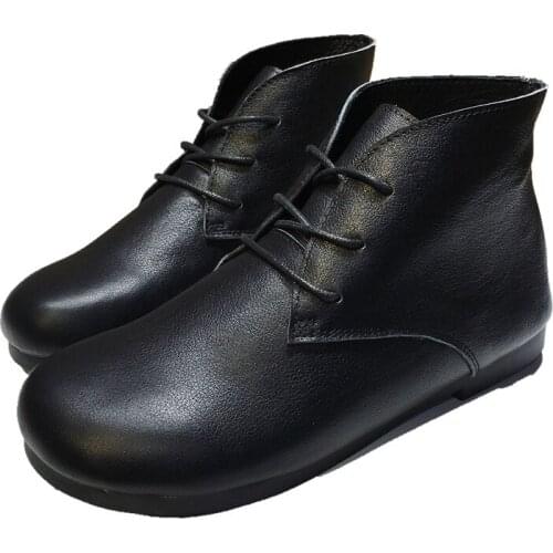 Women Boots Flat Genuine Leather Ankle Boots Lace up Black Shoes Comfortable Motorcycle Shoes Warm Winter Boots