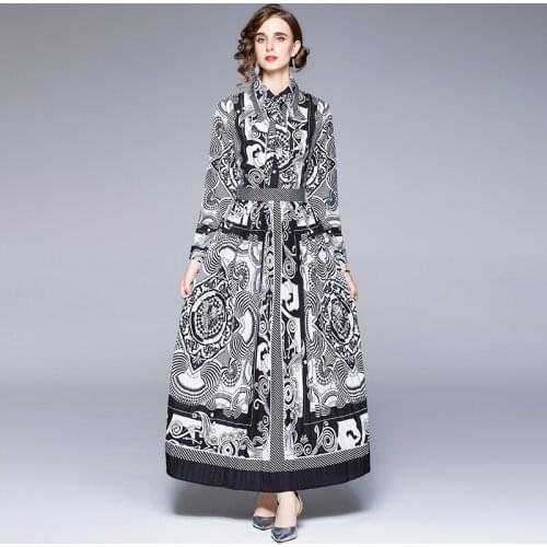 Women Long Sleeve Shirt Collar Belt Totem Printed Elegant Party Pleated Robe Vestidos Autumn Vintage Loose Maxi Dress 6665