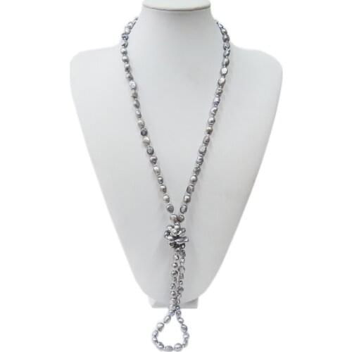 100% NATURE FRESHWATER PEARL LONG NECKLACE-120 cm gray pearl necklace
