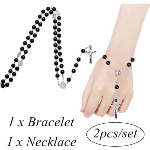 2021 2 PCS/Set Black Cross Pendant Religious Necklace Dripped with Oil Cross Rosary Bracelets Jewellery Set For Women