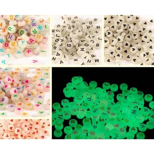 Acrylic Mixed Alphabet /Letter/heart Round Flat DIY Loose Bead For Handcraft with Luminous in the dark 100pcs 4x7mm y1585