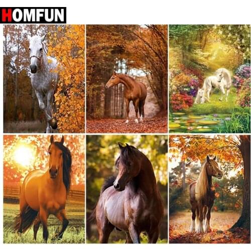 HOMFUN 5d Diamond Painting Full Square/Round "Horse autumn tree" Picture Of Rhinestone DIY Diamond Embroidery Home Decor