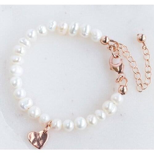 Pearl baptismal bracelet, freshwater pearl and rose gold hammered heart-shaped baby bracelet, fashion bracelet stainless steel
