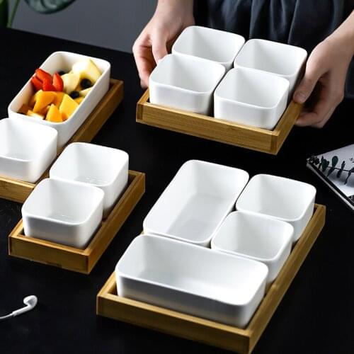 White Divided Fruit Plate with Bamboo and Wooden Frame Home Snack Fruit Platter Snack Seasoning Dipping Sauce Dishes Home Decor