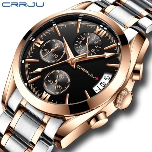 CRRJU Mens Quartz Analog Watch Luxury Fashion Sport Wristwatch Waterproof Stainless steel Male Watches Clock Relogio Masculino