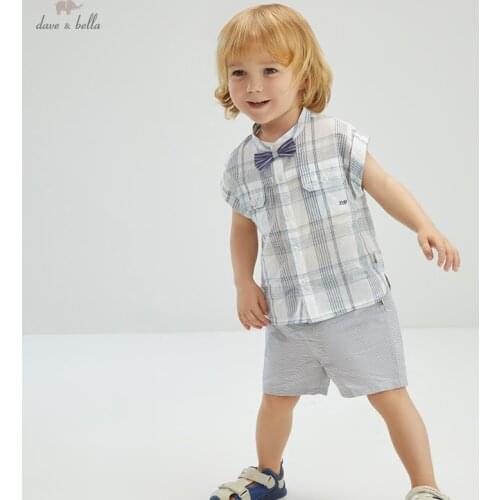 DB18095 dave bella baby boys summer casual bow plaid clothing sets kids boy fashion short sleeve sets children 2 pcs suit