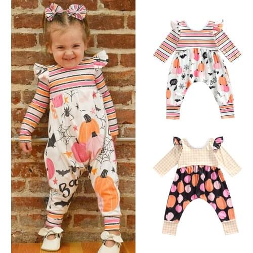 FOCUSNORM Halloween Lovely Baby Girls 1-3Y Autumn Rompers Pumpkin Printed Long Sleeve Button Jumpsuits