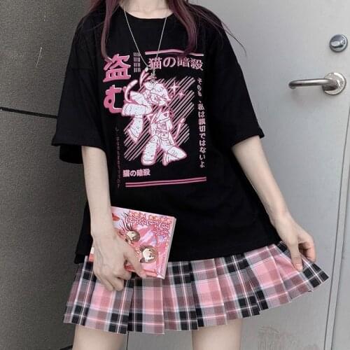 [Two-piece suit] 2021 summer new personality dark print short-sleeved T-shirt half-length pleated skirt preppy Japan lovely sets