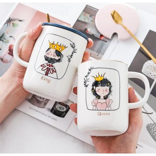 Mug with Lid Spoon Cute Girl Ceramic Drinking Cup Creative Trend Office Coffee Cup Home King Queen Valentines Day Gift Cup
