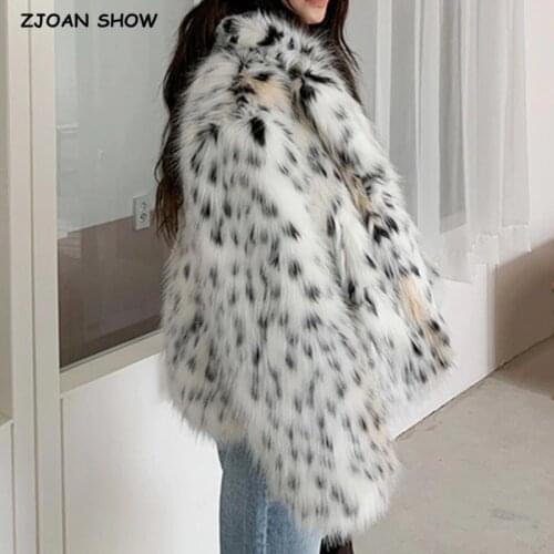 HIGH QUALITY Winter Notched Collar Hairy Shaggy Tuscan Cat Leopard Fur Jacket Long sleeve Furry Fur Women Jacket Short Outerwear