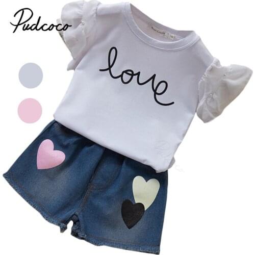 2021 Fashion Baby Clothing Kids Child Girls Ruffled Shirt Tops Hearts Print Denim Shorts 2Pcs Outfits Summer
