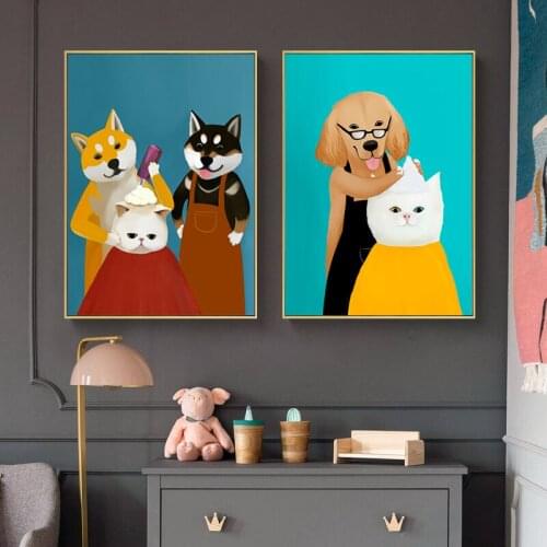Cartoon Cute Cat and Dog Nordic Posters and Prints Canvas Painting Wall Picture for Living Room Kids Bedroom Home Decor Nursery