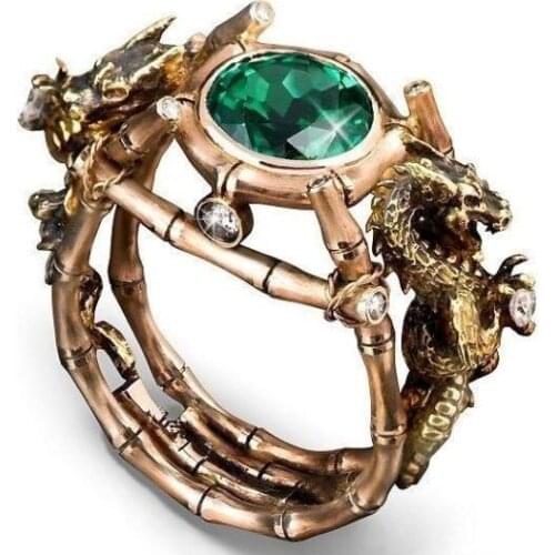 Vintage Mens Ring Gold Color Dragon Punk Rings for Women Unique Design Green Stone Multi-layer Bamboo Ring Creative Jewelry Gift