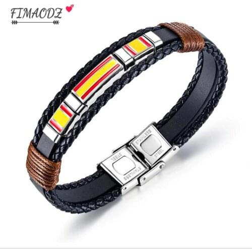 FIMAODZ 2020 Newest Spain Flag Bracelet Men Stainless Steel Vintage Handwoven Multilayer Leather Bracelets High Quality Jewelry