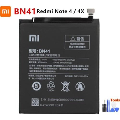 Xiao mi 100% Orginal BN41 4100mAh Battery For Xiaomi Redmi Hongmi Note 4 / Redmi Note 4X Batteries +Tools