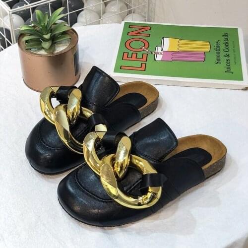 Brand Design Women Slipper Fashion Big Gold Chain Sandals Shoes Round Toe Slip On Mul Flat Heel Casual Slides Flip