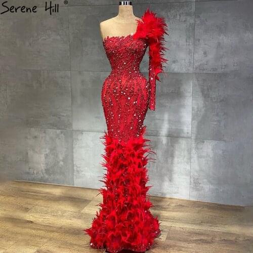 Serene Hill Red Mermaid Luxury Evening Dresses Gowns 2021 Feathers Beading Elegant For Woman Party LA71076