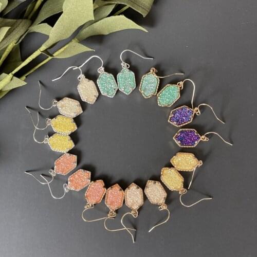 Hexagon Claws Quartz Druse Oval Drop Earrings for Women