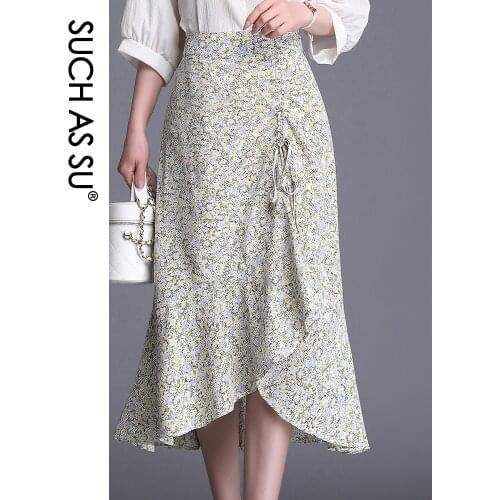 Mid Long Asymmetry Skirts Womens Summer Green Blue Floral Chiffon Mermaid skirt High Waist Ruffle Skirt S-3XL Size Slim Femal