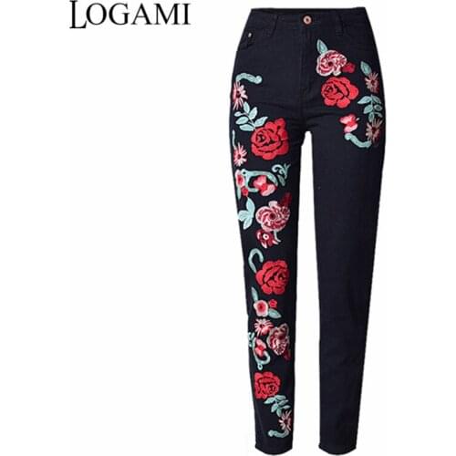 LOGAMI High Waist Jeans Woman Jeans With Embroidery Floral Denim Jeans Womens Pants 2018 Fashion New