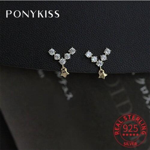 PONYKISS Real 925 Sterling Silver Star V Shape Zircon 14K Gold Stud Earrings For Women Classic Fine Jewlry Drop Shipping