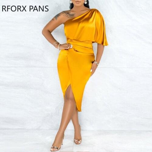 Women Glamorous One Batwing Sleeve Shoulder Wrap Silt Fold Party Dress